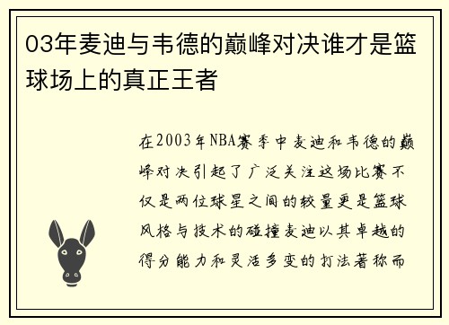 03年麦迪与韦德的巅峰对决谁才是篮球场上的真正王者