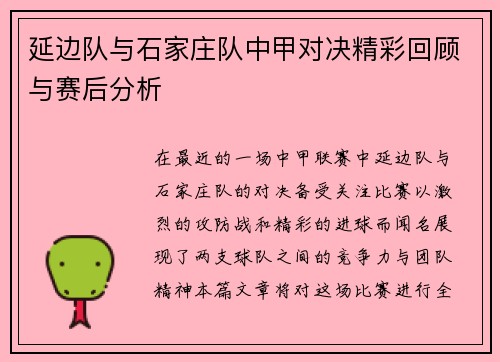 延边队与石家庄队中甲对决精彩回顾与赛后分析
